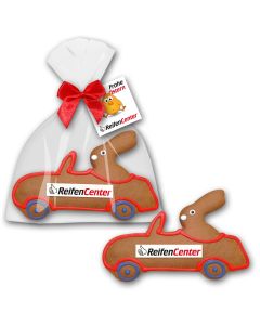 Hase im Auto als Cabrio aus Gebäck zu Ostern mit Logo bedrucken individuell Werbegeschenk