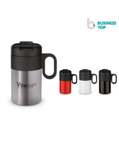 Doppelwandiger Isolierbecher mit Henkel und aufklappbarem Deckel 250 ml (ab 25 Stück)