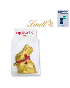 Durchsichtige Druckknopfverpackung mit Lindt Goldhase und Werbung auf Karte