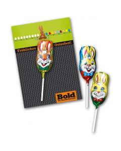 Schokolutscher in Hasenkopf-Form in Alufolie wird auf Ihre personalisierte Karte aufgebracht. So günstig und effektiv geht Werbung zu Ostern.