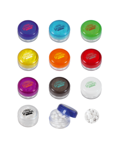 Minties, Runde Plastikdose mit farbigem Deckel (ab 50 Stück)
