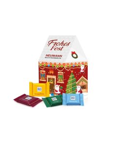 Weihnachtshaus Präsent mit Ritter Sport Schokotäfelchen bedrucken als Werbeartikel