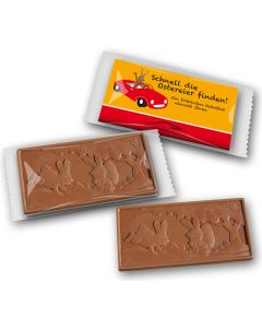 Schokotafel mit Motiv auf Karte in Plastikbeutel als Werbegeschenk oder Werbeartikel zu Ostern Firmenwerbung