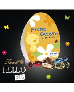 Ei-förmige Verpackung aus Karton mit Lindt "HELLO" Schokoeiern 