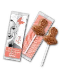 Schokoladenlolly als Hase zu Ostern auf bedruckter Karte als Werbeartikel verteilen