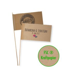 Nachhaltige Papierfahnen auf grau-/braunem Kraftpapier mit Logo bedrucken