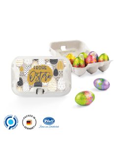 Eierpappe mit Schokoladen Eiern als Werbegeschenk zu Ostern bedrucken