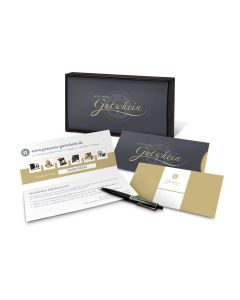 Geschenkgutschein Gold in Holzkiste, Kategorie 35 €, große Auswahl an Präsenten, Lifestyle- und Wellnessprodukten