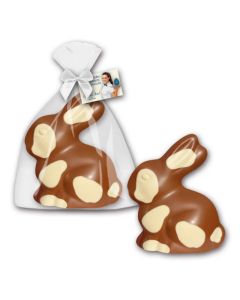 Großer Schokohase im Beutel und angebundener Karte als süßes Printwerbemittel zu Ostern Naschen