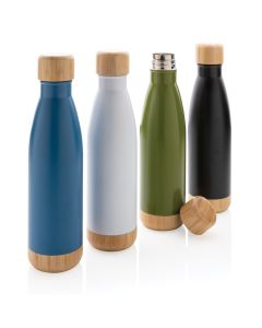 Vakuum Edelstahlfasche mit Deckel und Boden aus Bambus