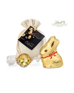 Goldenes Ostersäckchen mit Lindt Goldhase und Lindorkugel