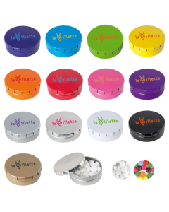 Runde Click-Blechdose 45 mm mit Extra Strong Triangle Minties individuell bedruckt (ab 50 Stück)