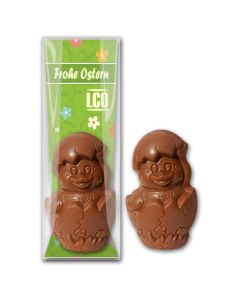 Schoko Küken im Ei mit Karte bedruckt als Oster Werbeartikel
