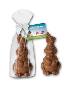 Schokohase als Ostergeschenk mit personalisierbarer Karte im Beutel