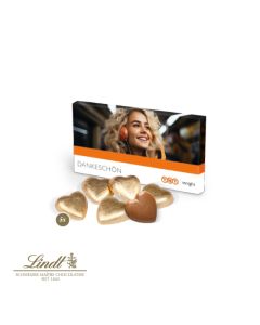 Präsentbox mit Lindt Schokoherzen 25 g individuell bedrucken.