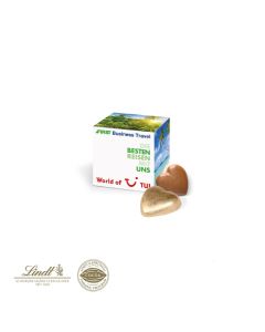 Werbewürfel mit süßer Füllung Lindt Herzen 25g bedrucken (ab 150 Stück)
