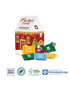 Weihnachtshaus Präsent mit Ritter Sport Schokotäfelchen bedrucken als Werbeartikel