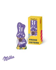 Milka Schmunzelhase 15g in Werbebox mit Sichtfenster bedrucken (ab 100 Stück)