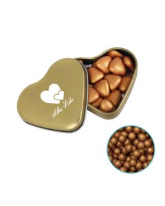 Farbige Herz Blechdose mit 24 g goldenen Schokoperlen individuell gestalten (ab 50 Stück)