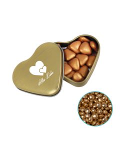 Farbige Herz Blechdose mit 24 g Goldglitzer Milchschokolade individuell gestalten (ab 50 Stück)