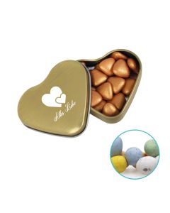 Farbige Herz Blechdose mit 24 g Mikro Milchschokoladeneier individuell gestalten (ab 50 Stück)