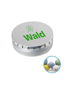 Runde Click-Blechdose Classic 53 mm mit Mikro Milchschokoladeneier individuell bedruckt (ab 50 Stück)