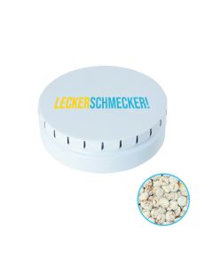 Runde Click-Blechdose Classic 53 mm mit Marmorgold Schoko dunkel individuell bedruckt (ab 50 Stück)