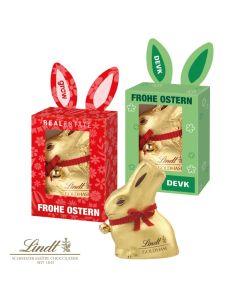 Lindt Goldhase 50 g in süßer Werbekartonage mit Ohren individuell nach Ihren Wünschen gestalten.