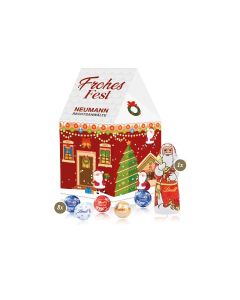 3D Präsent Weihnachtshaus Lindt Santa & Lindt Minis (ab 100 Stück)