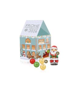 3D Präsent Weihnachtshaus Fairtrade® Schokoladenmischung (ab 100 Stück)