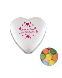 Herz Blechdose mit 80 g Schoko Mix individuell bedrucken (ab 50 Stück)