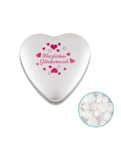 Herz Blechdose mit 80 g Extra Strong Minties individuell bedrucken (ab 50 Stück)