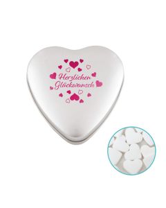 Herz Blechdose mit 80 g Mintherzchen individuell bedrucken (ab 50 Stück)
