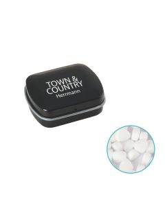 Kleine Blechdose individuell bedruckt mit Extra Strong Triangle Minties befüllt.