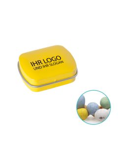 Kleine Blechdose mit Logo bedruckt und gefüllt mit Mikro Milchschokoladeneier.