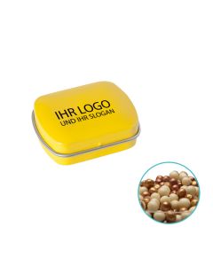 Kleine Blechdose mit Logo bedruckt und befüllt mit Mini Schokoperlen Gold.