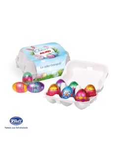 6 Vollmilch Schokoladeneier von Klett in Eierkartonage und individuell bedruckter Banderole.