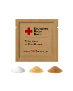 Zuckerpäckchen aus Kraftpapier mit Feinzucker, Rohrzucker oder Bio-Rohrzucker