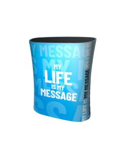 Lange Oval Textil Messetheke als Long Oval Counter mit Logo bedrucken