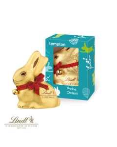 Lindt Goldhase 100 g in Werbekartonage individuell bedrucken.