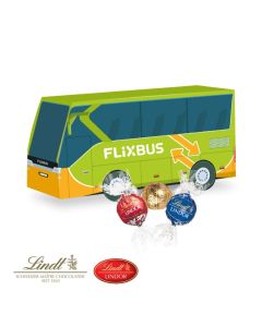 Individuell bedruckter Bus aus Karton mit Lindt Lindor Pralinen befüllt.