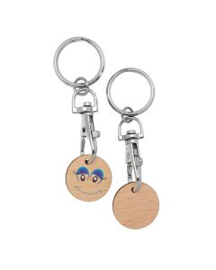 Metallkarabinerhaken mit individuell bedrucktem Holz 1 € Chip (ab 100 Stück)