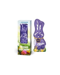 Milka Schmunzelhase 45g in Werbebox mit Sichtfenster bedrucken (ab 100 Stück)