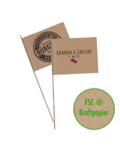 Nachhaltige Papierfahnen auf grau-/braunem Kraftpapier mit Logo bedrucken