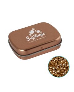 Goldglitzer Milchschokolade in Scharnierblechdose individuell bedruckt.