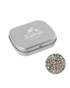 Silberglitzer Milchschokolade in Scharnierblechdose individuell bedruckt.
