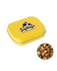 Kleine goldene Herzen in Scharnierblechdose individuell bedrucken.