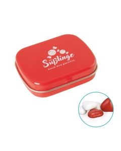 Kleine rot weiße Herzen in Scharnierblechdose individuell bedrucken.