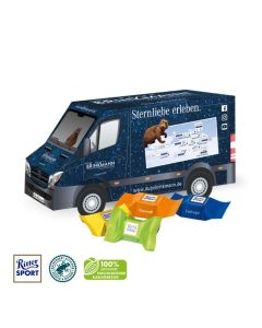 Bedrucken Sie diesen Transporter mit Ihrem Logo und verschenken Sie vier leckere Ritter SPORT Mini Würfel.
