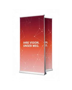 RollUp "Dual" von beiden Seiten bedrucken für einen platzsparenden Werbeauftritt